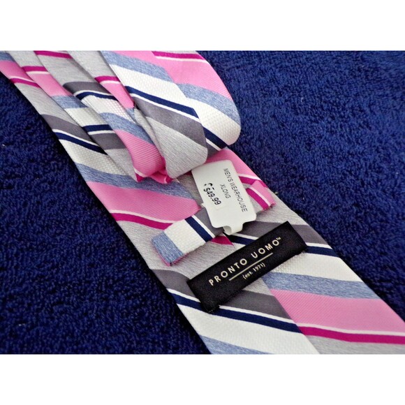 Pronto Uomo 100% Silk Gray Blue Diagonal Stripes Men's X- Long Business Necktie - Picture 3 of 3
